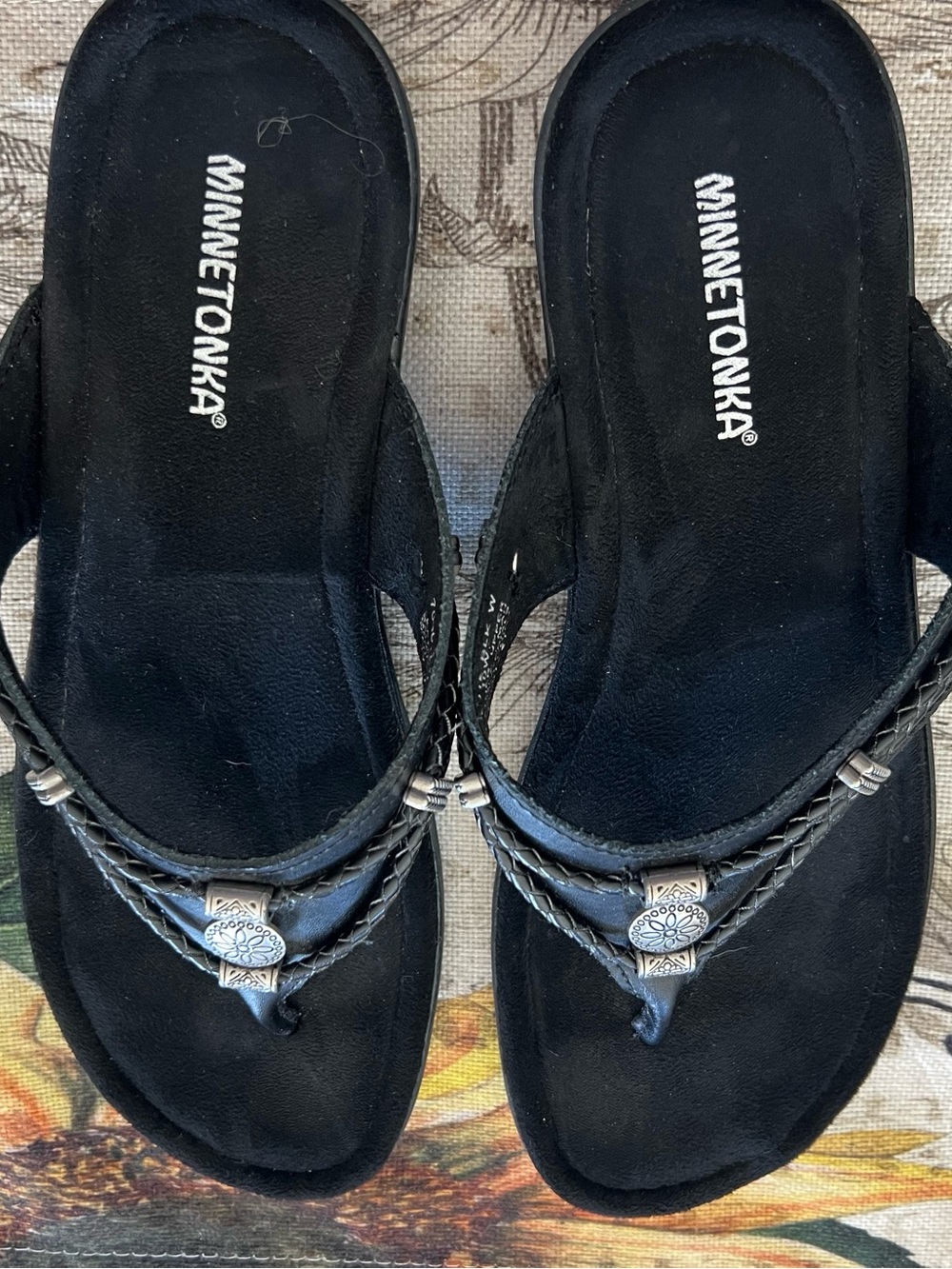 Minnetonka Black Braided Thong Sandals with Silver Accents